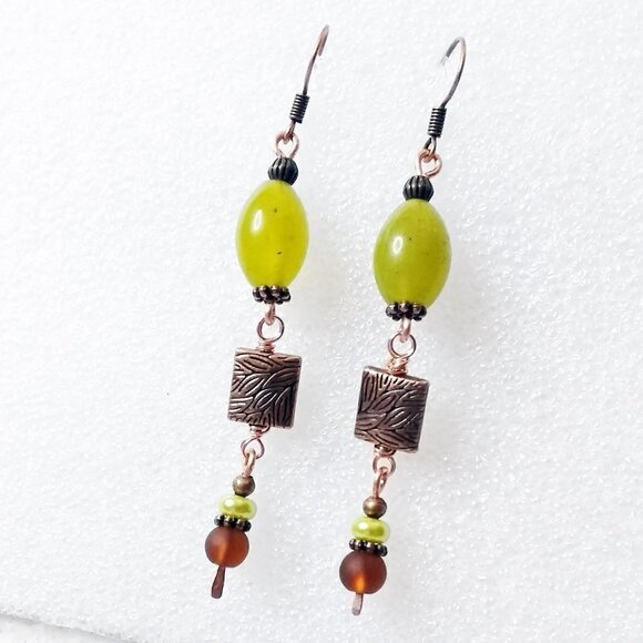 Boho! Unique & Handmade EarCandy! Embossed Copper + Jade + Recycled Glass Beads - Picture 6 of 7